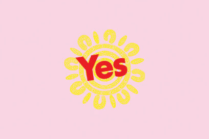 A yellow circle with a 'Yes' written in red at its centre, on a purple background. The image symbolises support for the Voice to Parliament referendum.
